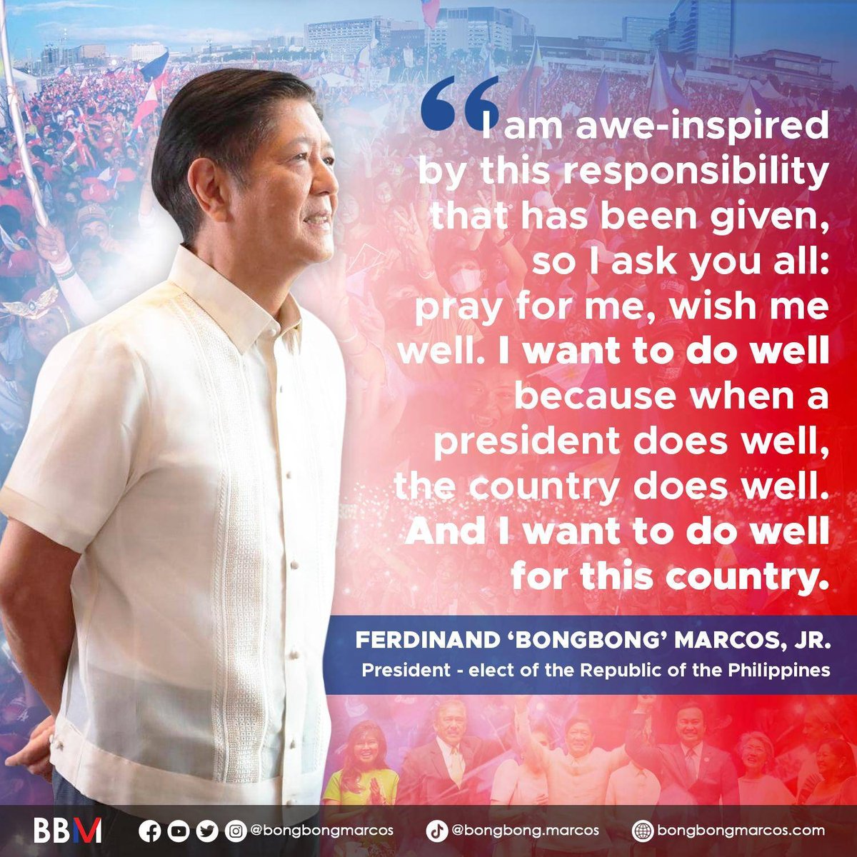 Isang taos pusong pasasalamat sa lahat ng naglaan ng kanilang panahon, suporta, at tiwala sa tambalan namin ni Vice President Inday Sara. Aming hiling ang inyong patuloy na dasal at pakikiisa na kakailanganin namin sa susunod na anim na taon.