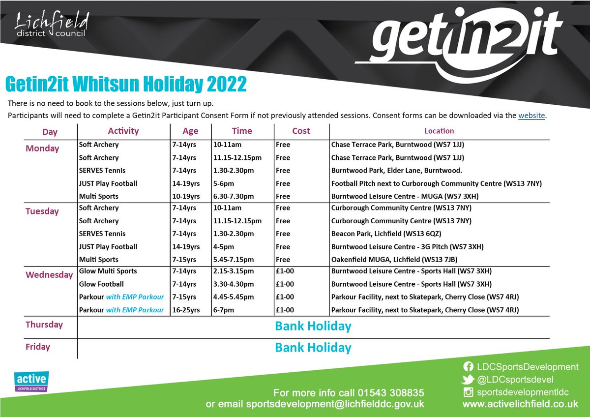 Getin2itLDC's tweet photo. #Getin2it this Whitsun half term!
From tennis to Glow Sport, to Parkour and football, there is lots on offer to keep young people active. Sessions run across the district and cost no more than ยฃ1.
For more information please visit: https://t.co/hnUPrN9xLY https://t.co/e76rlPUCzr
