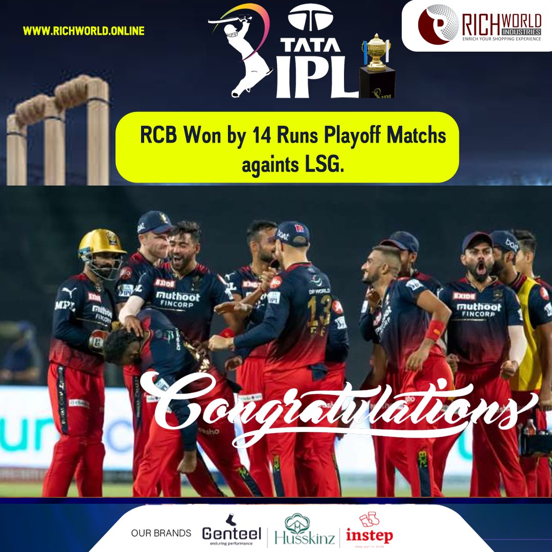 richworldshop's tweet photo. Royal Challengers Bangalore defeated Lucknow Super Giants by 14 runs at the Eden Gardens in #Kolkata &amp; set up a #Qualifier2 clash against Rajasthan Royals. #PlayBold #LSGvsRCB #TATAIPL2022 #Eliminator #ನಮ್ಮRCB #KLRahul #Kohli #Ahmedabad #Stoinis #richworld #Patidar #RajatPatidar https://t.co/10tpRFkrEf