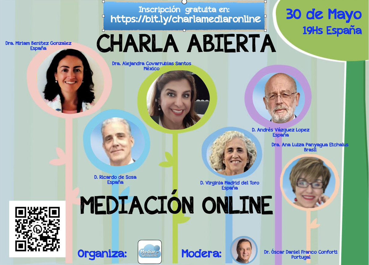 Les invitamos a la Charla Abierta sobre Mediación Online en la que exponen alumnos de España y México acompañados por profesores de Mediar Online de España, Brasil y Portugal.
Próximo Lunes 30 de mayo a las 19 hs de España.
Inscripción previa gratuita en: bit.ly/charlamediaron…