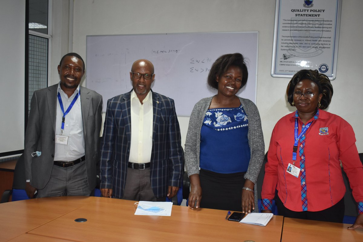 KNH_hospital's tweet photo. KEBS auditors Mr. Cyrus Mwangi (2nd L) and Ms. Florence Kisulu (2nd R) with KNH Quality Assurance Manager - Mrs. Agnes Chika (R) and Management Representative, Dr. Alfred Birichi after successfully completing the first surveillance audit following ISO 9001:2015 recertification. https://t.co/Kt5fNRuwwZ