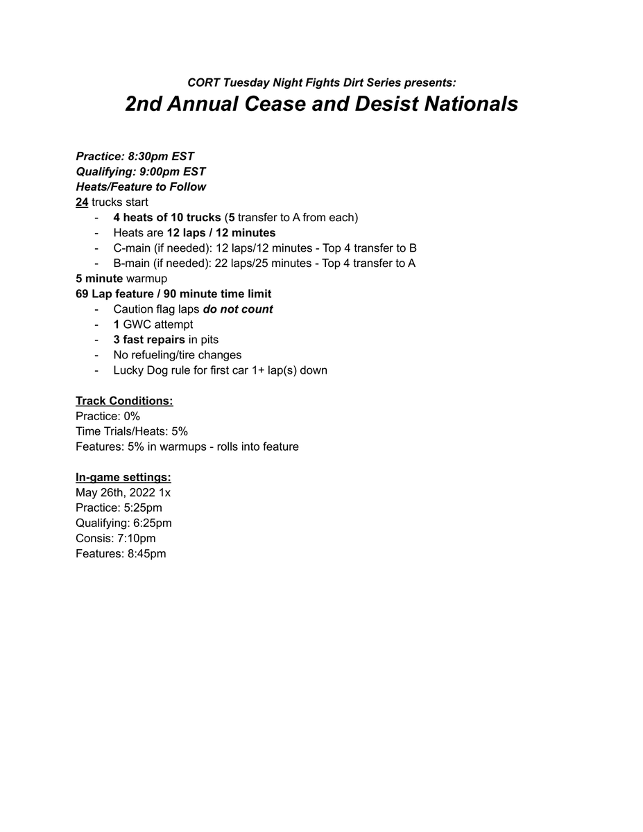 Here is an outline of tonight's festivities! We hope to see you all tonight on the dirt!