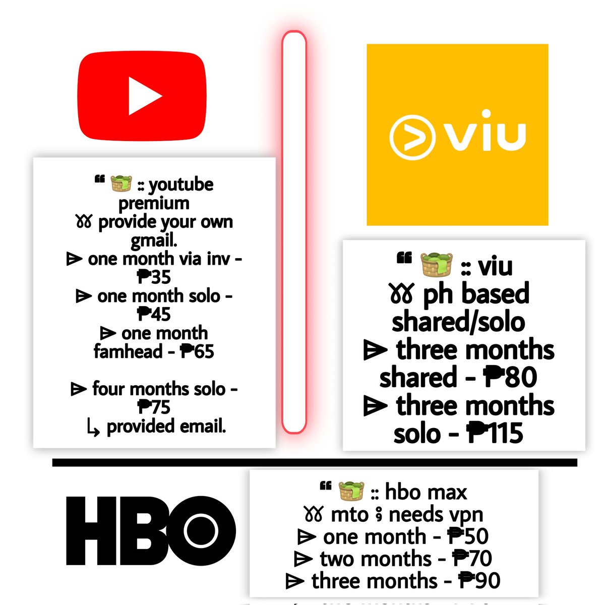 Gurei_1111's tweet photo. Good afternoon, min'na! Sorry late post. Ito ang new pricelist ng ating premium accounts. Kaunti lang naman ang pinagbago kaya avail na! Enjoy! God Bless ❤

-NETFLIX
-SPOTIFY
-GRAMMARLY
-CANVA
-YOUTUBE
-VIU
-HBO MAX
-CRUNCHYROLL
-QUILLBOT https://t.co/SGMg7LlMdb