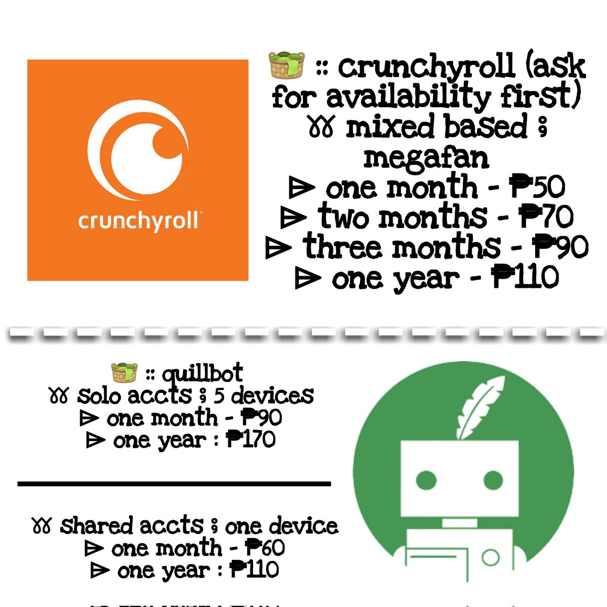 Gurei_1111's tweet photo. Good afternoon, min'na! Sorry late post. Ito ang new pricelist ng ating premium accounts. Kaunti lang naman ang pinagbago kaya avail na! Enjoy! God Bless ❤

-NETFLIX
-SPOTIFY
-GRAMMARLY
-CANVA
-YOUTUBE
-VIU
-HBO MAX
-CRUNCHYROLL
-QUILLBOT https://t.co/SGMg7LlMdb