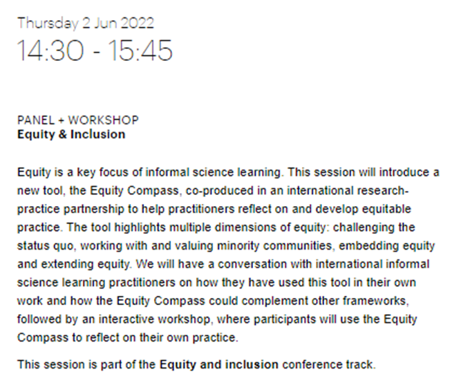YESTEM_UK's tweet photo. Coming to #ecsite2022 next week? Don't miss this session on how #EquityCompass can help support equitable practice
Thu 2 Jun, 14.30-15.45 #SessionRoom3
@SpelaGodec @Mariana_RPAlves @PulkkinenKirsi @CalabreseBarton @Day_Greenberg @SannedenAdel @Ampisquelinda @AmandaColbourne
π https://t.co/LBIpyZDydQ