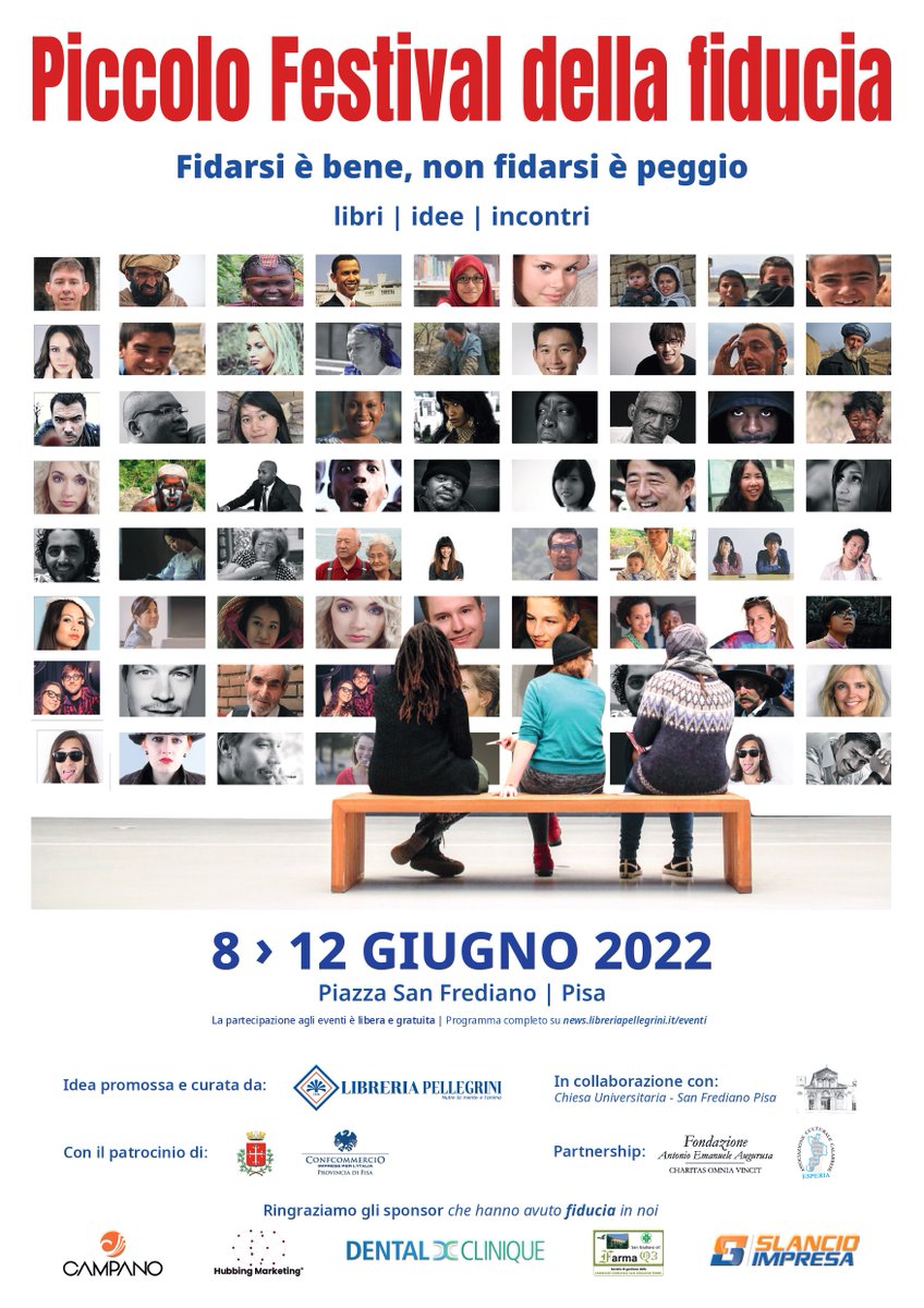Dall’8 al 12 giugno, a Pisa, si svolge il “Piccolo Festival della fiducia”. Si parlerà di pace, musica, scuola, terra, lavoro, scienza, carcere, giustizia, informazione, società, sanità, migrazioni e accoglienza.
Qui il programma in dettaglio:
news.libreriapellegrini.it/evento/piccolo…