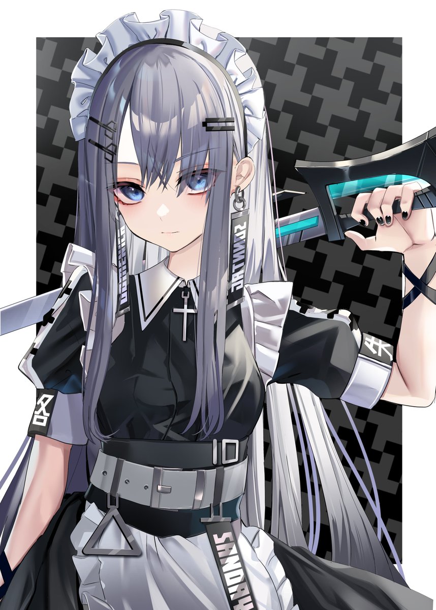 1girl weapon sword solo apron long hair black nails  illustration images