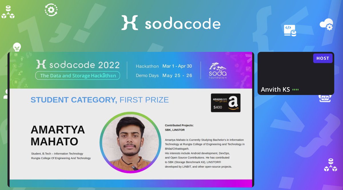 Announcing #sodacode 
Student Category, Rising Starts
Student Category, First &amp; Second &amp; Third Prizes 
sodafoundation.airmeet.com/e/b5d8c540-aee……
Congratulations to the winners!! 
🥳🥳🥳🎉🎉🎉
sodafoundation.airmeet.com/e/b5d8c540-aee…