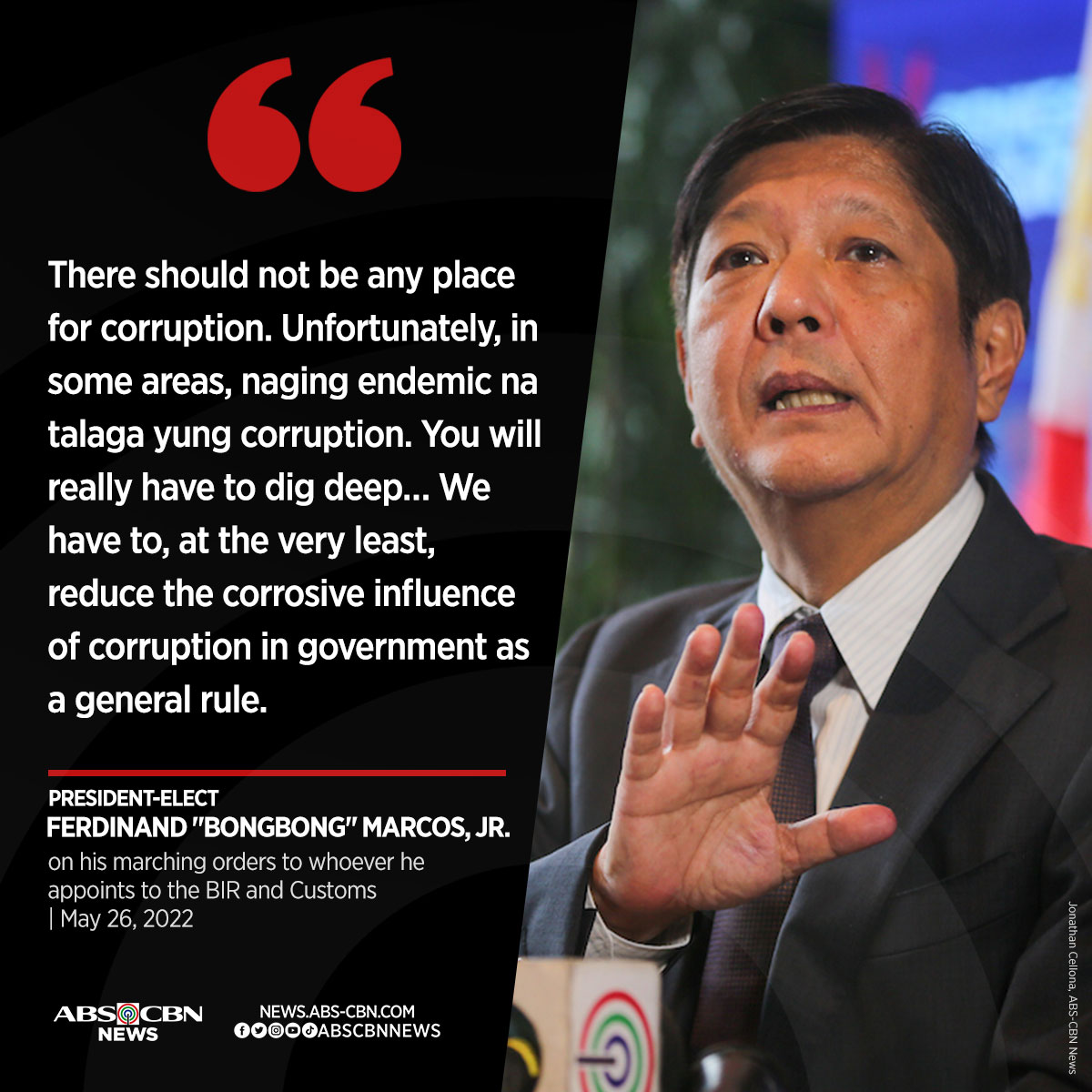 ABSCBNNews's tweet photo. President-elect Ferdinand "Bongbong" Marcos, Jr. promises to order the next BIR and Customs chiefs to focus on the "corrosive influence of corruption" in the Philippine government.

Related story: https://t.co/92gyOXS6dL https://t.co/dldNTL8hBz