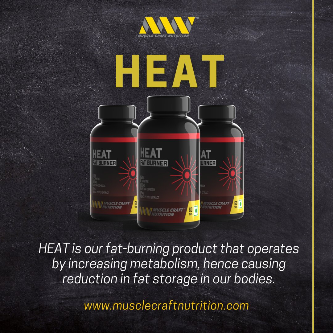 MuscleCraftN's tweet photo. HEAT is our fat-burning product that operates by increasing metabolism, hence causing reduction in fat storage in our bodies. 

#MuscleCraftNutrition #RuknaAbMumkinNahi
#nutrition #fitness #motivation #health #workout #gym #bodybuilding
#FatBurner https://t.co/ESGzW06hVe
