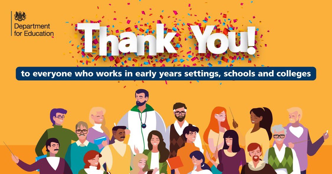 educationgovuk's tweet photo. Today we share our appreciation for all those working in early years settings, schools and colleges.

Your hard work and commitment is inspirational. You are giving children and young people the very best start in life.

#ThankATeacherDay https://t.co/I4i2eodMDT