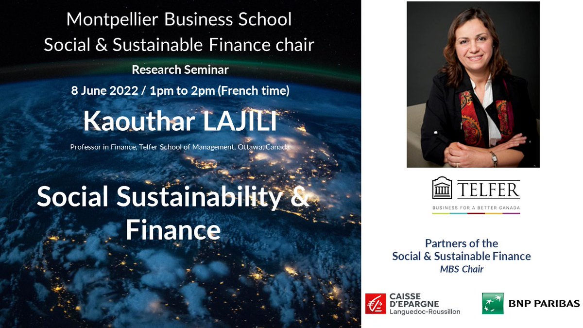 [Research seminar - 8 June - 1pm (French time) - Kaouthar LAJILI]

Professor Kaouthar Lajiliwill share with us her research on “Social sustainability &amp; Finance” during a research seminar on Wednesday, 8 June, from 1pm to 2pm. 

linkedin.com/events/researc…