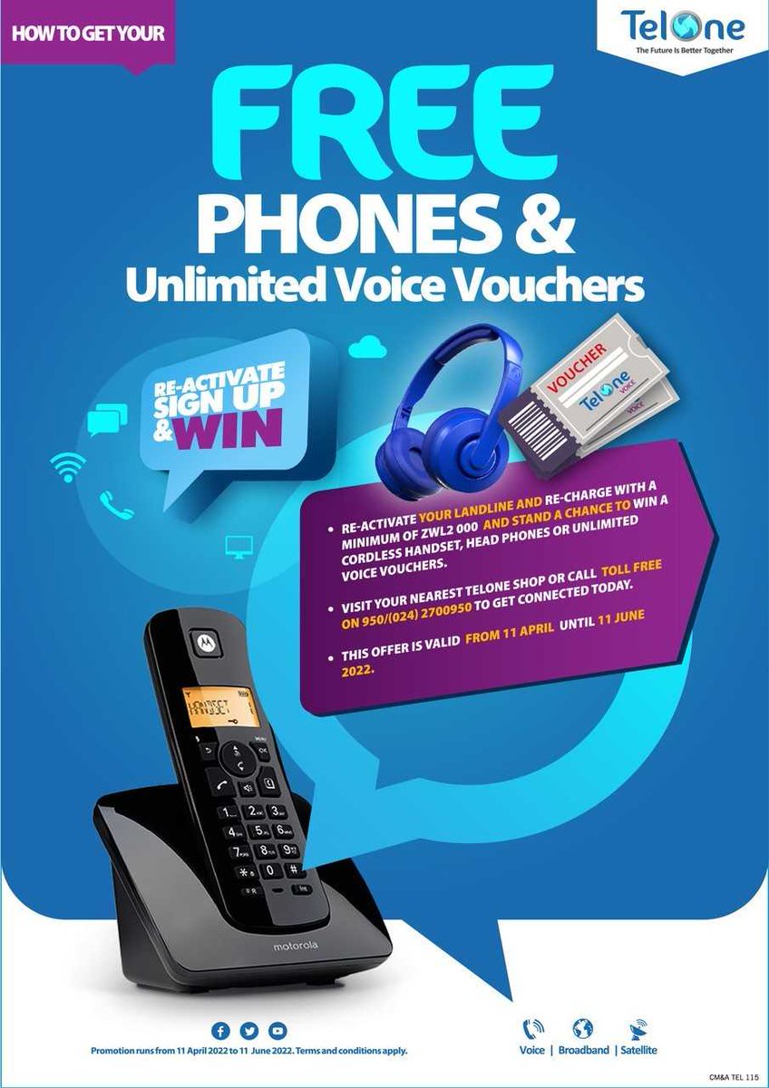 TelOneZW's tweet photo. Stand a chance to win Free Phones or Unlimited Voice Vouchers when you Re-activate your landline and Recharge with a minimum of ZWL2 000
#signupandwin
#TheFutureIsBetterTogether https://t.co/vlpMEr5VdM