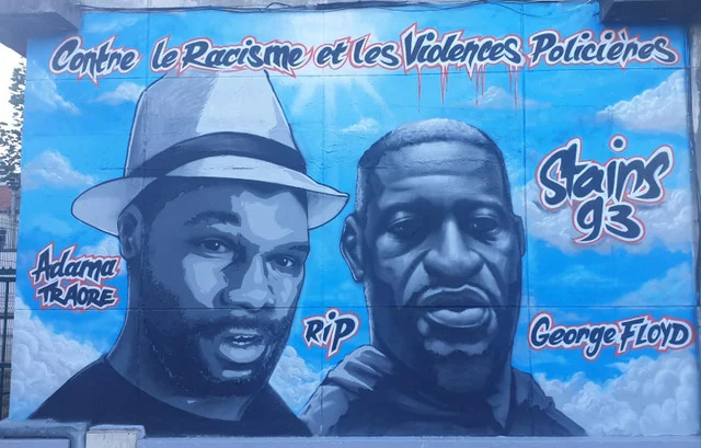 'Against the racism and violence of the police' Mural in France in the honor of George Floyd and Adama Traore, who was killed by police via asphyxia during an arrest.