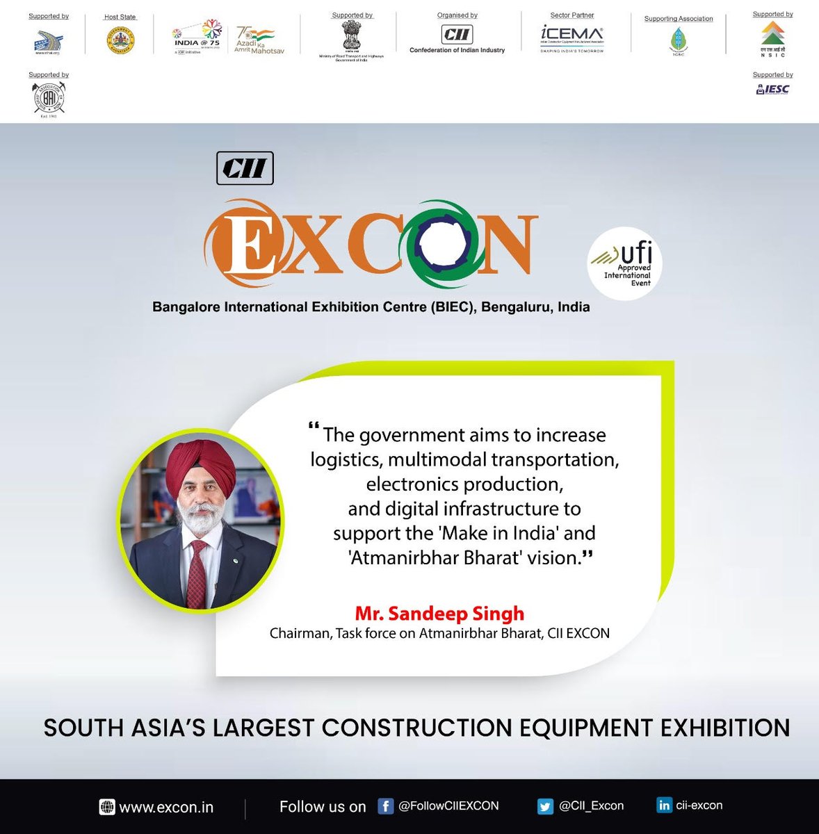 CII_Excon's tweet photo. Message from Mr. @ssandeep21 , Chairman, Taskforce on Atmanirbhar Bharat, CII EXCON.
@FollowCII @CII4SR @CIIEvents
#india #project #manufacturing #building #constructionindustry #constructionequipment #infrastructure #Excon2K21 https://t.co/5xpKEJv2is