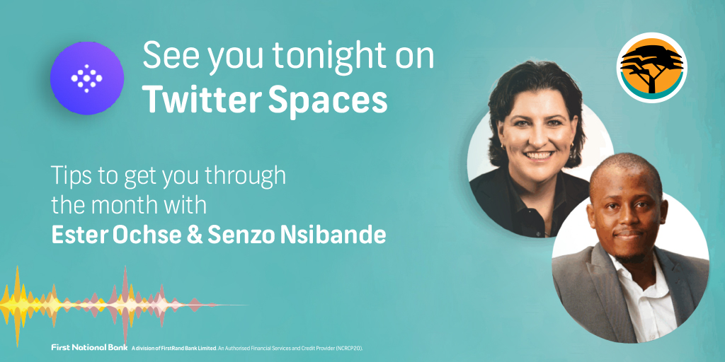 🔔Don't forget to set your reminders 🔔 

Catch us tonight at 6PM CAT on #FNBSpaces with @EsterOchse and <a href="/just_senzo/">Senzo Nsibande</a> for expert advice and valuable money management tips that will help you stay within your bag 💰 #FNBSpaces