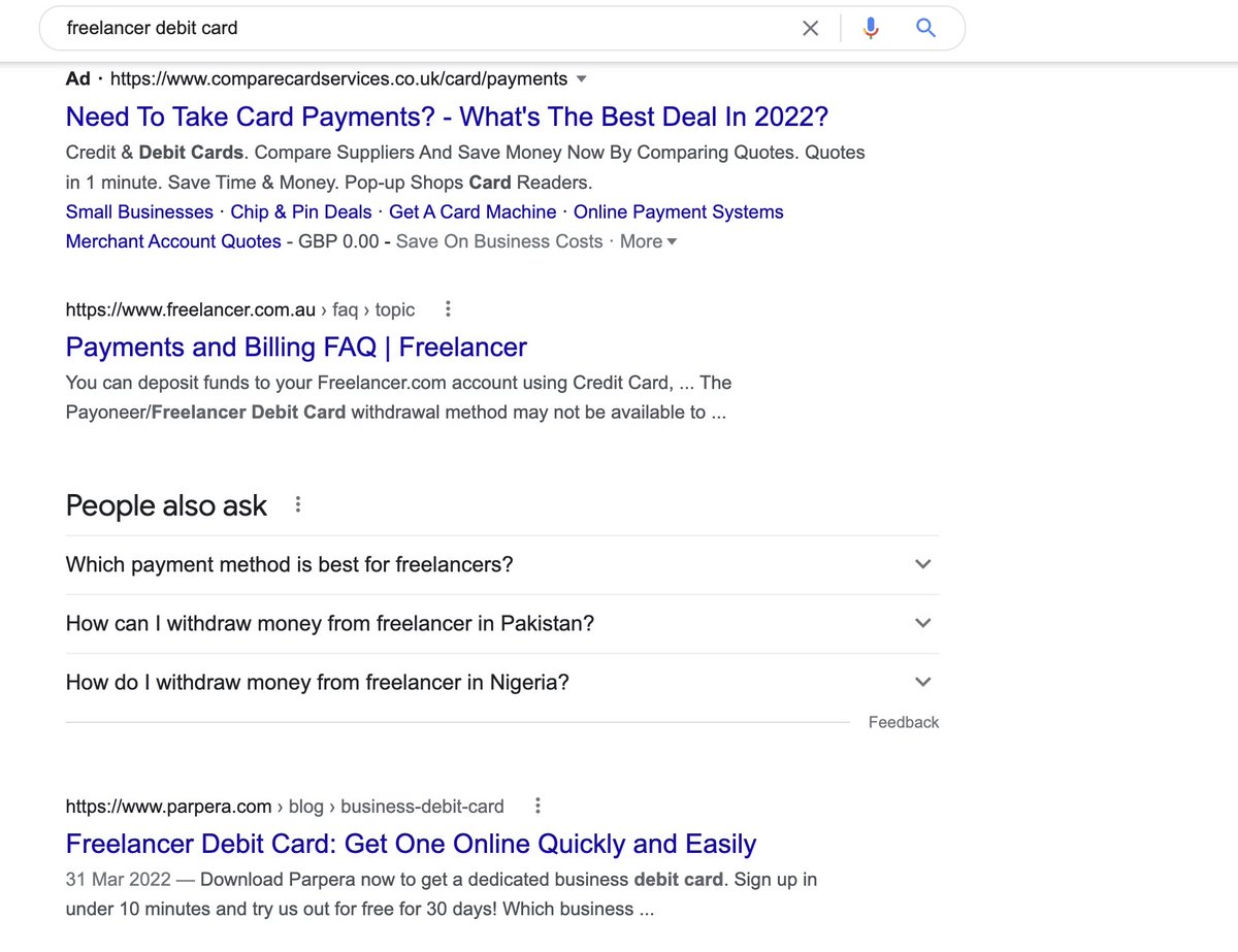We wanted to rank for "business debit card" but it wasn't specific enough and we were competing with big banks.

Changed the title to "freelancer debit card": more specific, a lot easier to rank.

We're now in #2 and it's bringing in clicks.