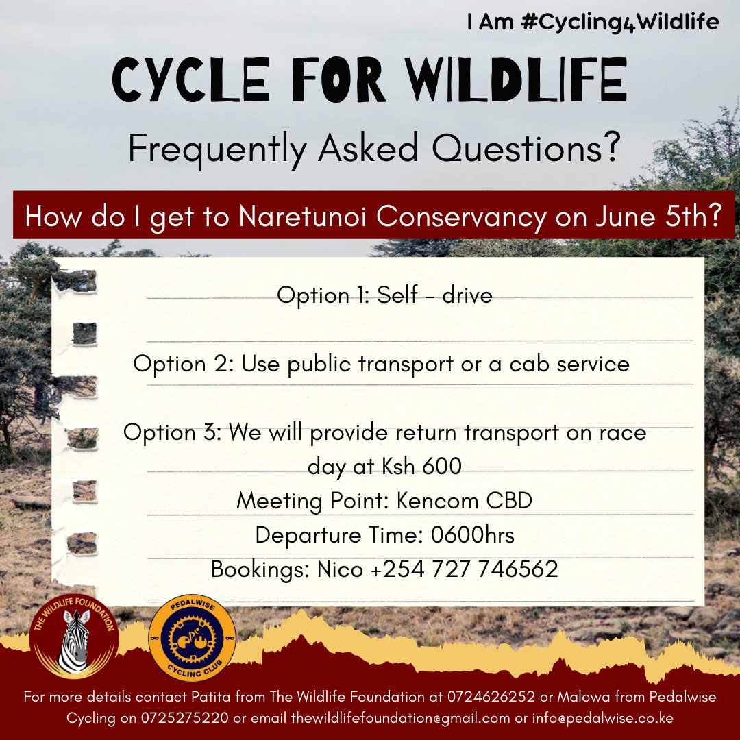 We have heard you!

We will provide return transport on race day at Ksh 600
Meeting Point: Kencom CBD
Departure Time: 0600hrs
Bookings: Nico +254 727 746562

#cyclechallenge #WorldEnvironmentDay #earthdayeveryday #Cycle4wildlife #Cycling4wildlife #IAmCycling4Wildlife