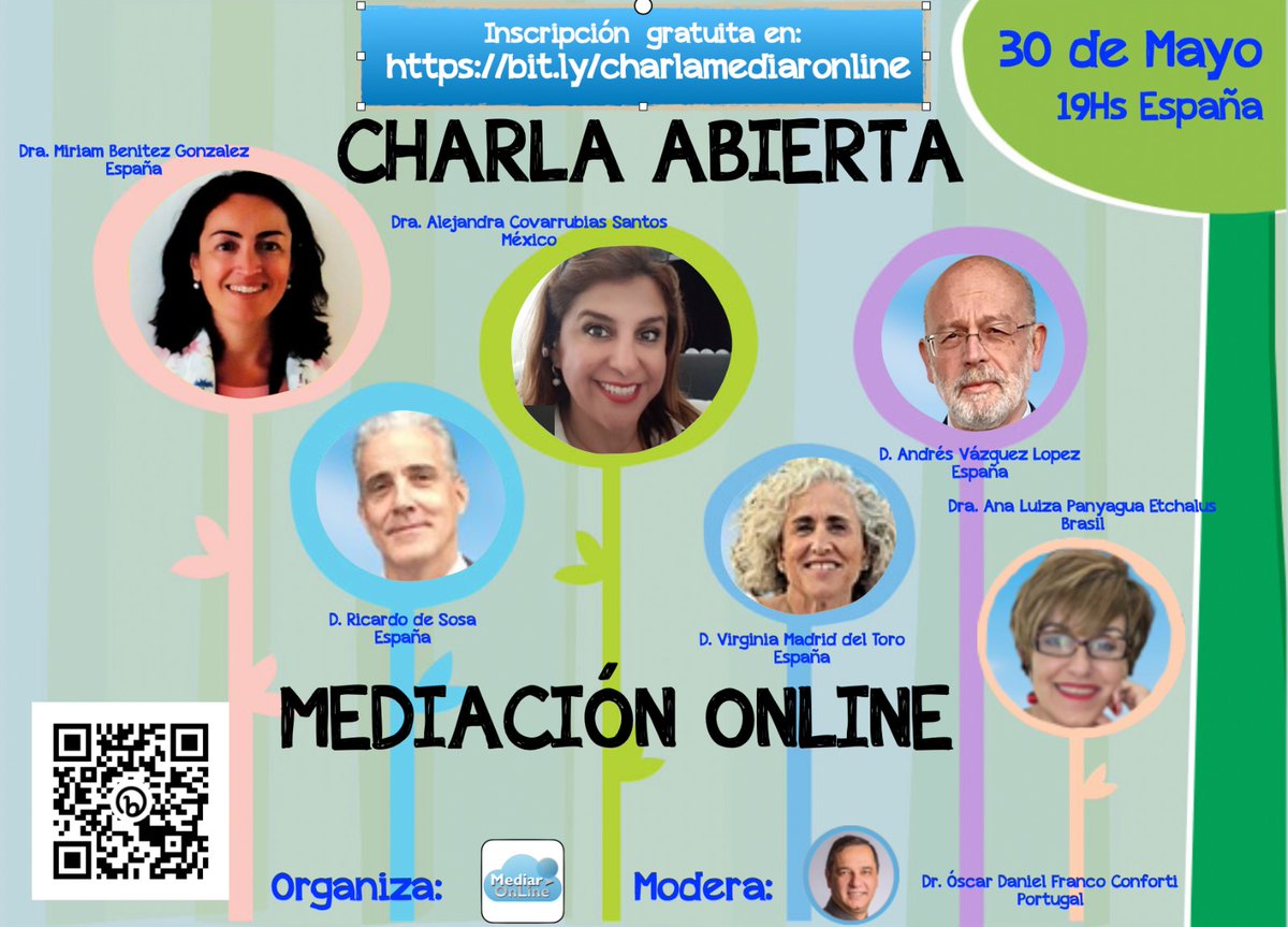 Trae tus dudas y preguntas, ex-alumnos y docentes dispuestos a responderte desde su propia experiencia en mediación por medios electrónicos.
Inscripción gratuita previa: bit.ly/charlamediaron…
#mediaronline #mediaciónelectrónica #mediaciónvirtual #mediaciónenlinea