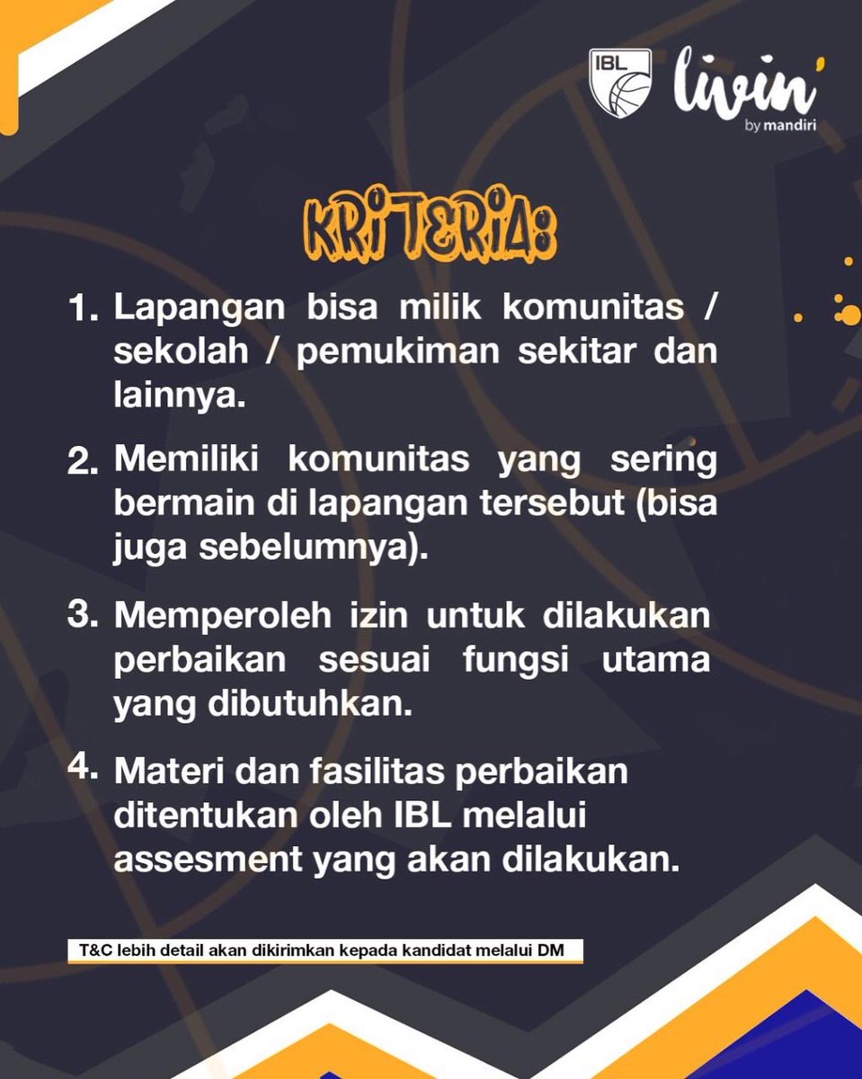 IBLindonesia's tweet photo. IBL Fans, mau lapangan basket komunitas/club/sekolah atau apapun yang berkesan untukmu di make-over sama IBL dan @bankmandiri?

Silahkan lanjut ke Instagram buat share cerita kenapa lapangan itu penting dan perlu di makeover! 🏀😁

#LigaKita #IBLPlayground https://t.co/YWgTeGK09u