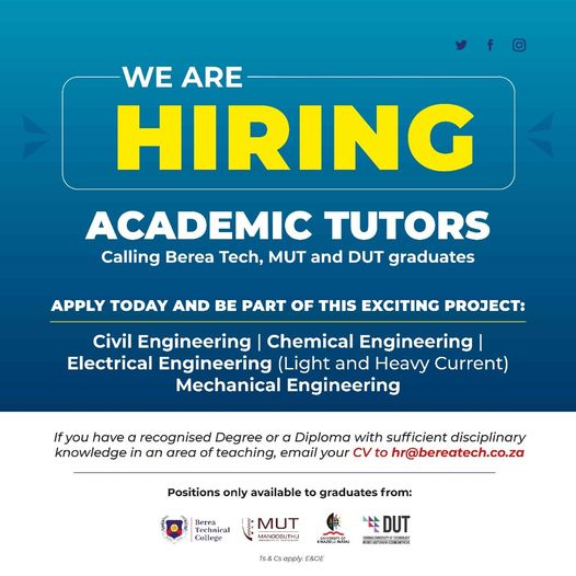 Berea_Tech's tweet image. We have the following positions we need to fill soonest!
Do you have the tenacity, qualifications and skills? Apply now!
1. Debt Collectors
2. Call Centre Agents
3. Security Guards
4. Sales Agents
5. Receptionist
6. Academic Tutors

Email your cv to:📨 hr@bereatech.co.za