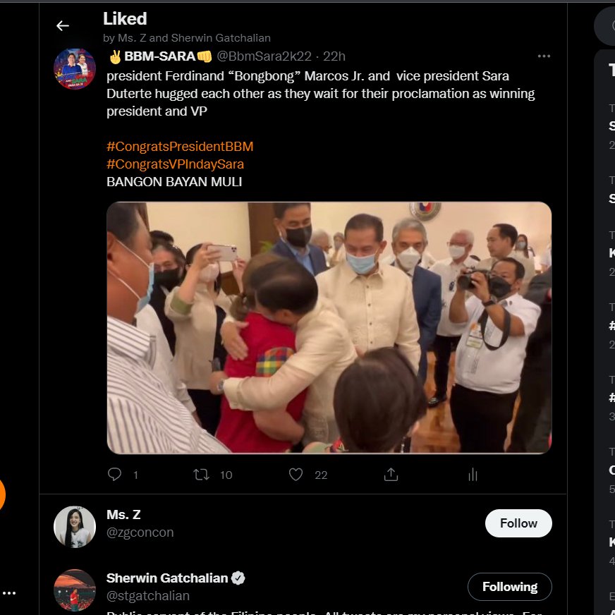 BbmSara2k22's tweet photo. Shet, ni like ni sir @stgatchalian yung post ko regarding kay president @bongbongmarcos at vp @indaysara. kinikilig ako pota hahahhahahhaha 
#CongratsPresidentBBM 
#CongratsVPIndaySara 
BANGON BAYAN MULI https://t.co/hUAUpMe5zS
