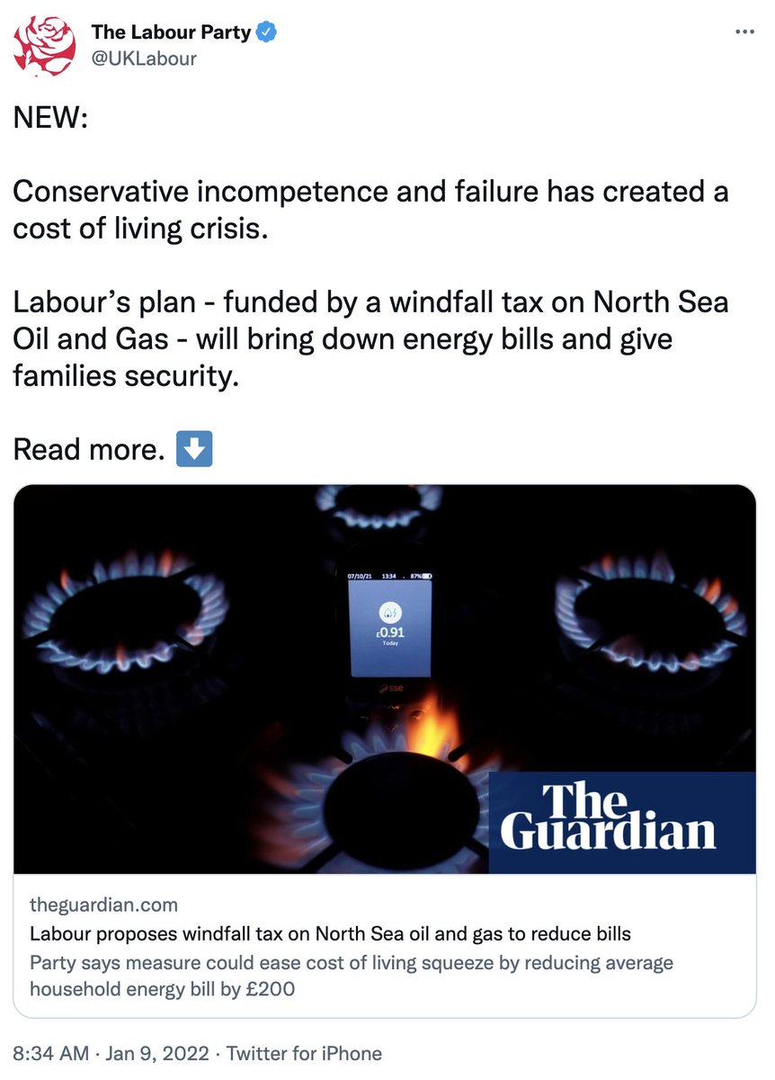 UKLabour's tweet photo. The Labour Party called for a windfall tax for five months before the government finally admitted they were wrong. 

In the meantime, every day of @BorisJohnson's dithering and delay added £53m to household bills. https://t.co/2kcpSZvVbw