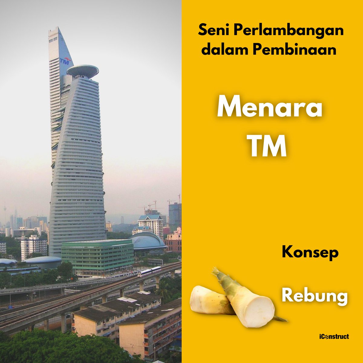 2) MENARA TM

Senibina menara ni berinspirasikan pokok rebung weh! 

Yang ni korg jangan ingat Stark Tower pulak but fun fact pasal Menara TM ni adalah masa filem Avengers : Infinity War keluar, ada logo Avengers keluar dekat atas menara ni. Collab dengan Marvel kot! 

Cool!😁