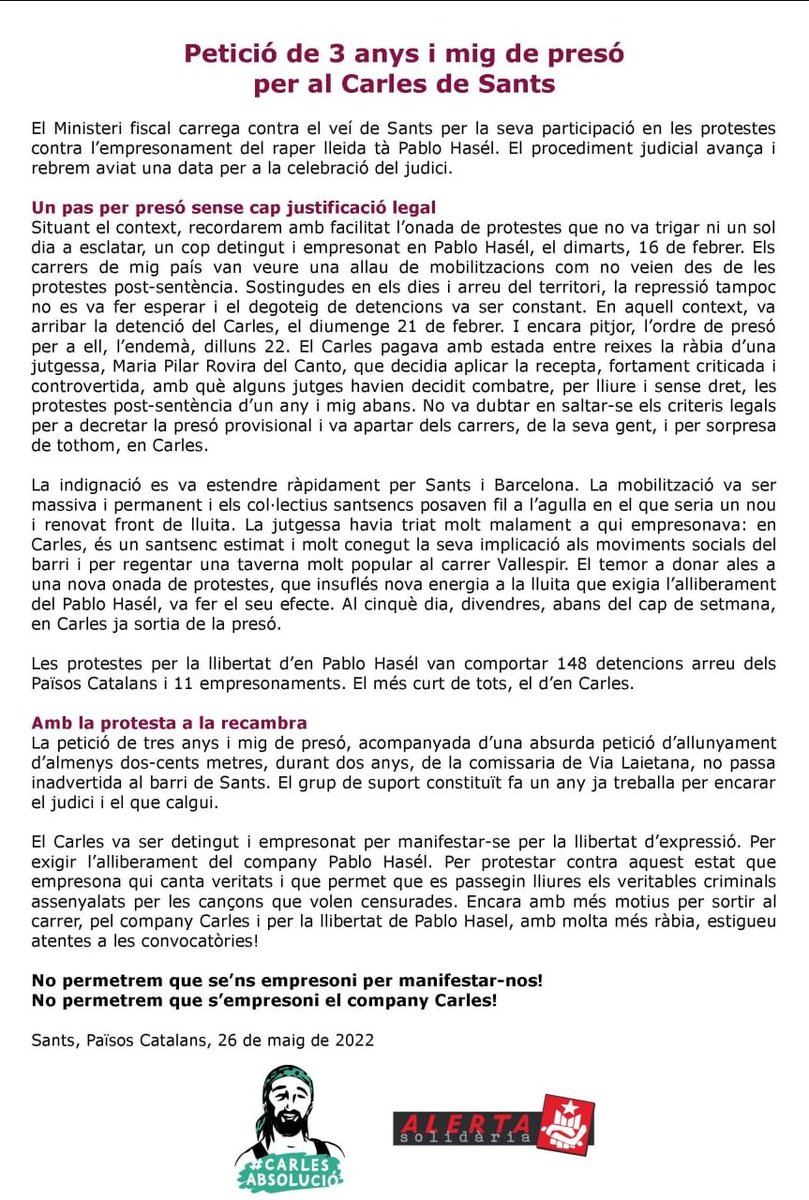 gscodi33's tweet photo. ⚠️ Demanen 3,5 anys de presó per al @CarlesLlibertat!

👉🏼Detingut i empresonat per les protestes per la llibertat de @PabloHasel 
👉🏼 No permetrem que s'empresoni el company Carles... Atentes a les convocatòries https://t.co/vC1ArNapcU