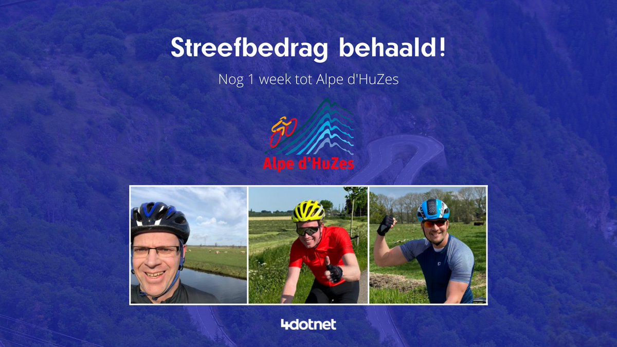 Wow! Het streefbedrag voor <a href="/alpedhuzes/">Alpe d'HuZes</a> is inmiddels behaald! Over precies een week beklimmen 4Dotnetters <a href="/HermanCordes/">Herman Cordes</a>, <a href="/JaccoRademaker/">Jacco Rademaker</a> en Jan Willem de Wagt fietsend de Alpe d’Huez om geld binnen te halen voor kankeronderzoek. Doneren kan nog via bit.ly/3wNpYwe #ad6