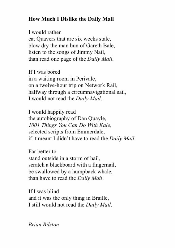 Today’s poem is called ‘How Much I Dislike the Daily Mail’.
