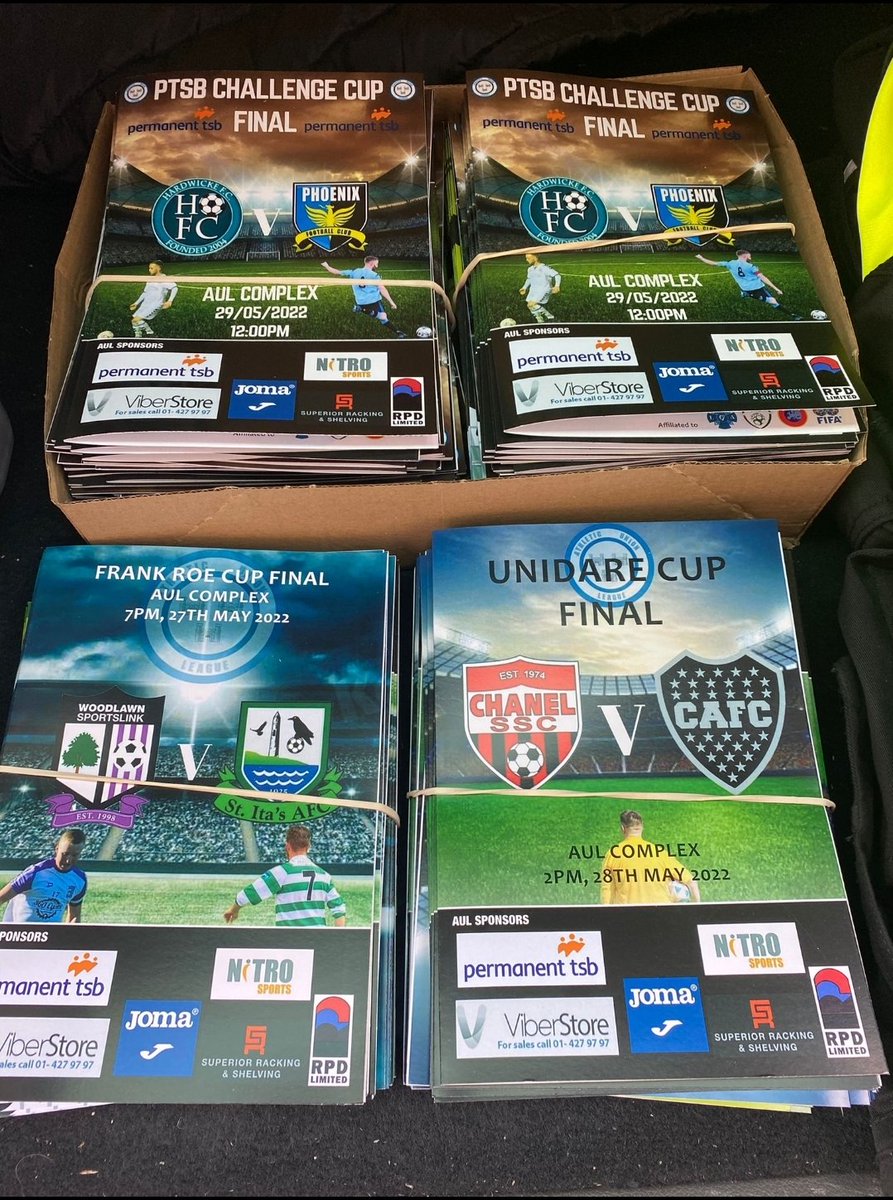AULleague's tweet photo. A Busy Weekend of Finals for the AUL, Starting this Friday and leading up to the @permanenttsb AUL Challenge Cup Final on Sunday. 
All the Matchday programmes ready for the Finals. A huge thank you to our sponsor and Printing Partners @RPDLTD for there fantastic work. https://t.co/cIPr1doWFZ