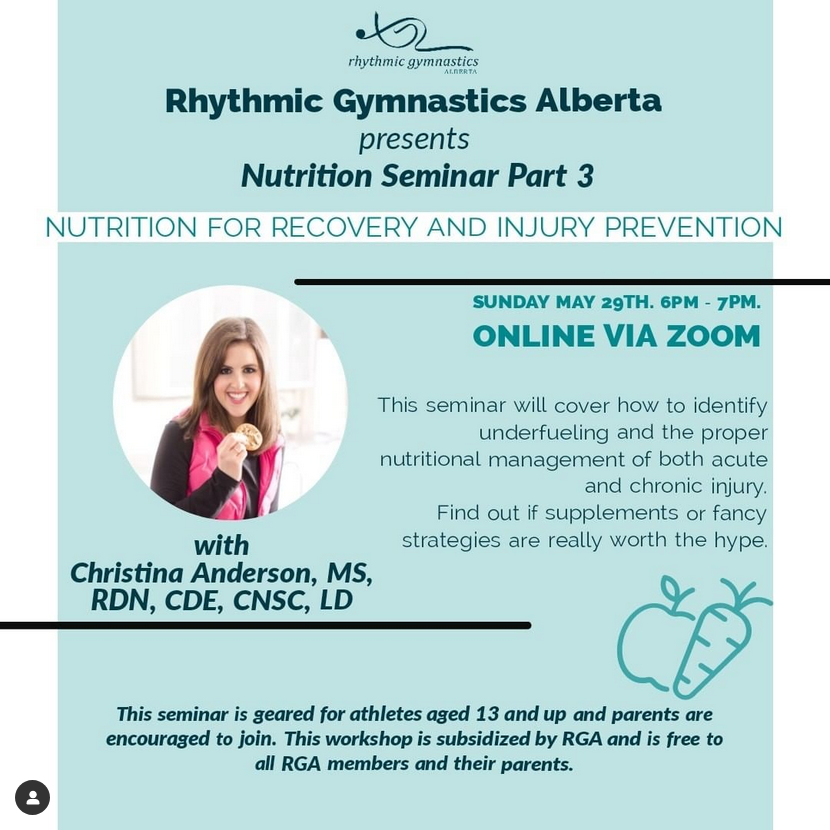 rhythmicgymab's tweet photo. Looking forward to our third workshop with Christina Anderson this Sunday!
#RGA #RhythmicGymnasticsAlberta  #Rhythmic #Gymnastics #gymnastNutrition #nutrition #FuellingtheAthlete #RG #youthsports #gymforall #ActiveForLife @the.gymnast.nutritionist https://t.co/oSxHGNNSNb
