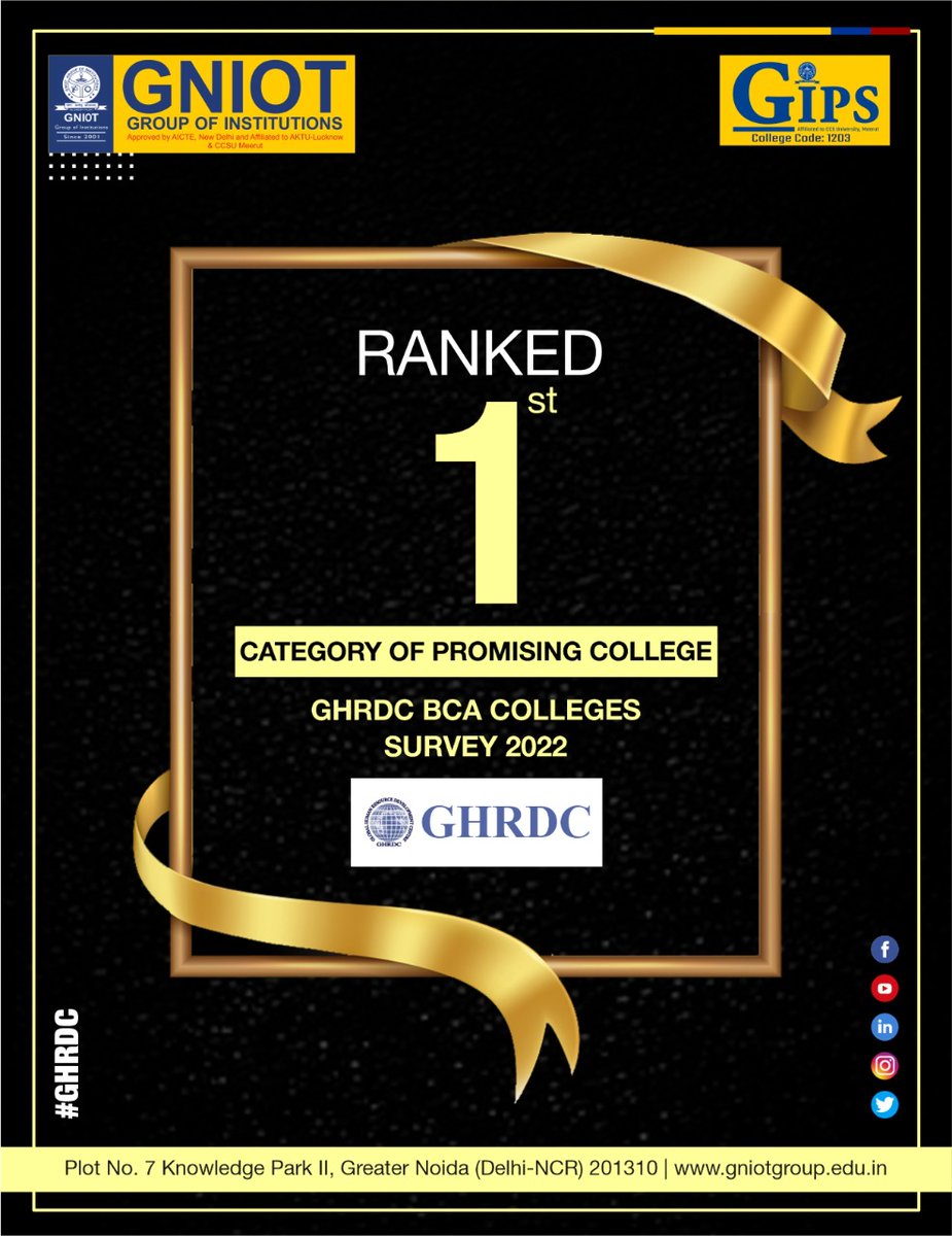 GNIOTCollege's tweet photo. Ranked 1st Category Of Promising College GHRDC BCA Colleges Survey 2022.
Visit our Website: https://t.co/QuLMtYzvfX
Toll Free No.: 18002746969
#GIPS #GNIOT #GNIOTGroup #College #Ranked1st #GHRDG https://t.co/jgUh8bQxx6
