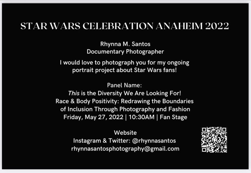 LookingForLeia's tweet photo. If you loved seeing @RhynnaSantos’ photography in #LookingForLeia and you’re at #StarWarsCelebration, don’t miss her panel Friday on inclusivity through photography &amp; fashion! She’ll also be making portraits every day, QR code below to sign up! 💜 https://t.co/wYBSi81U9T