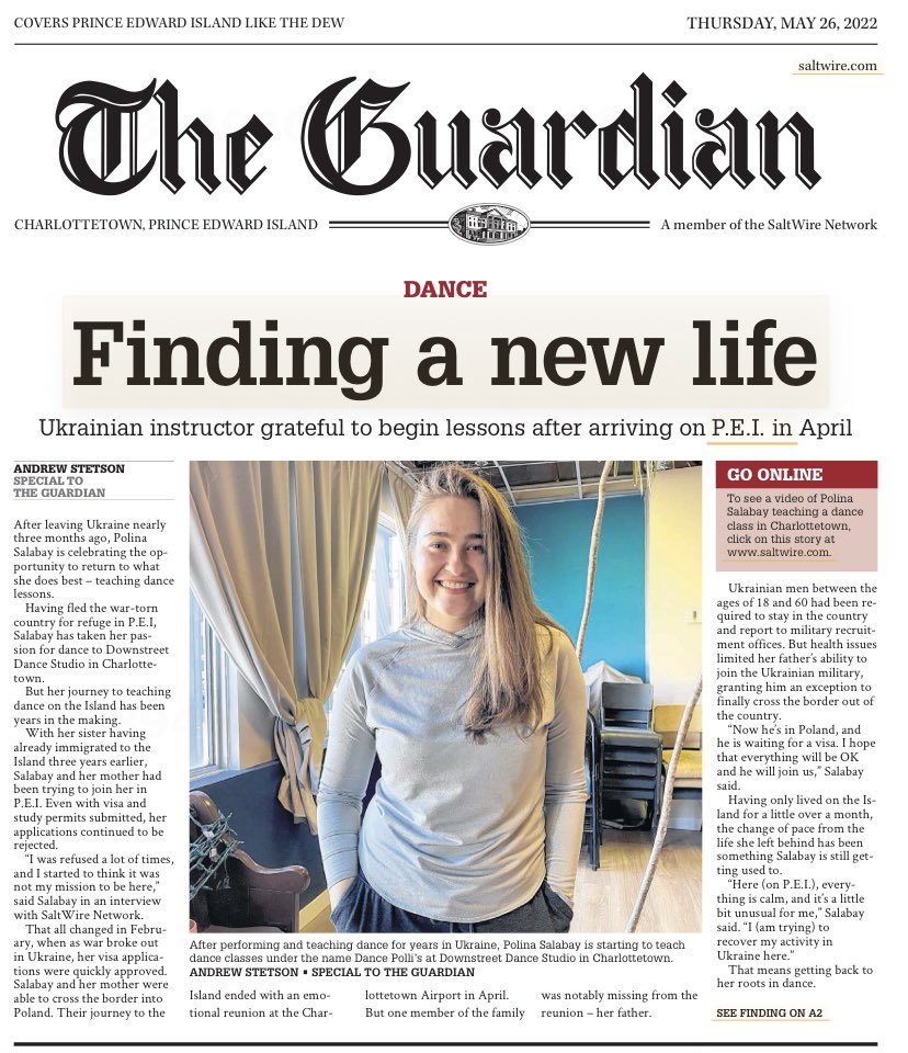My latest front-page story for <a href="/PEIGuardian/">The Guardian</a> details the incredible journey of a recent immigrant from #Ukraine and her efforts to get back to what she does best - teaching dance lessons

saltwire.com/prince-edward-…