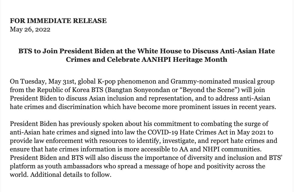 NEW: White House says “global K-pop phenomenon and Grammy-nominated musical group” BTS will join Pres. Biden at the White House next week to discuss anti-Asian hate crimes and celebrate AANHPI Heritage Month. abcn.ws/3wOVycL