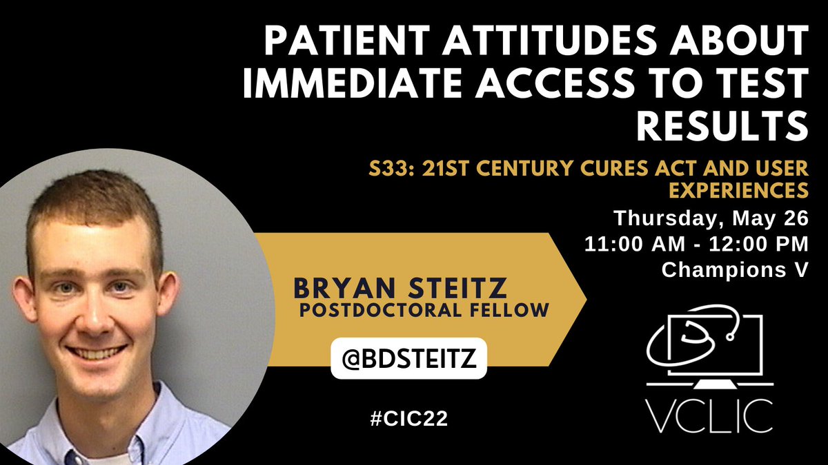 Finally, don't miss @bdsteitz, also at an 11am @AMIAinformatics #CIC22 session discussing patient attitudes about immediate access to test results in light of 21st Century #CuresAct! @robturer @ctlin1 @TheLizArmy @trentrosenbloom