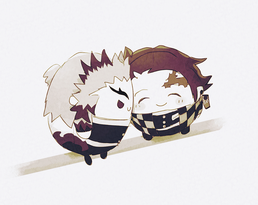 竈門炭治郎 「我が家のふわこょ🔥🎴またいつの間にか傾いて2人(?)でヒソヒソしてた 」|やまのイラスト