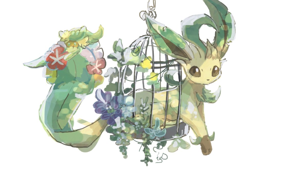 leafeon no humans pokemon (creature) cage white background flower brown eyes birdcage  illustration images