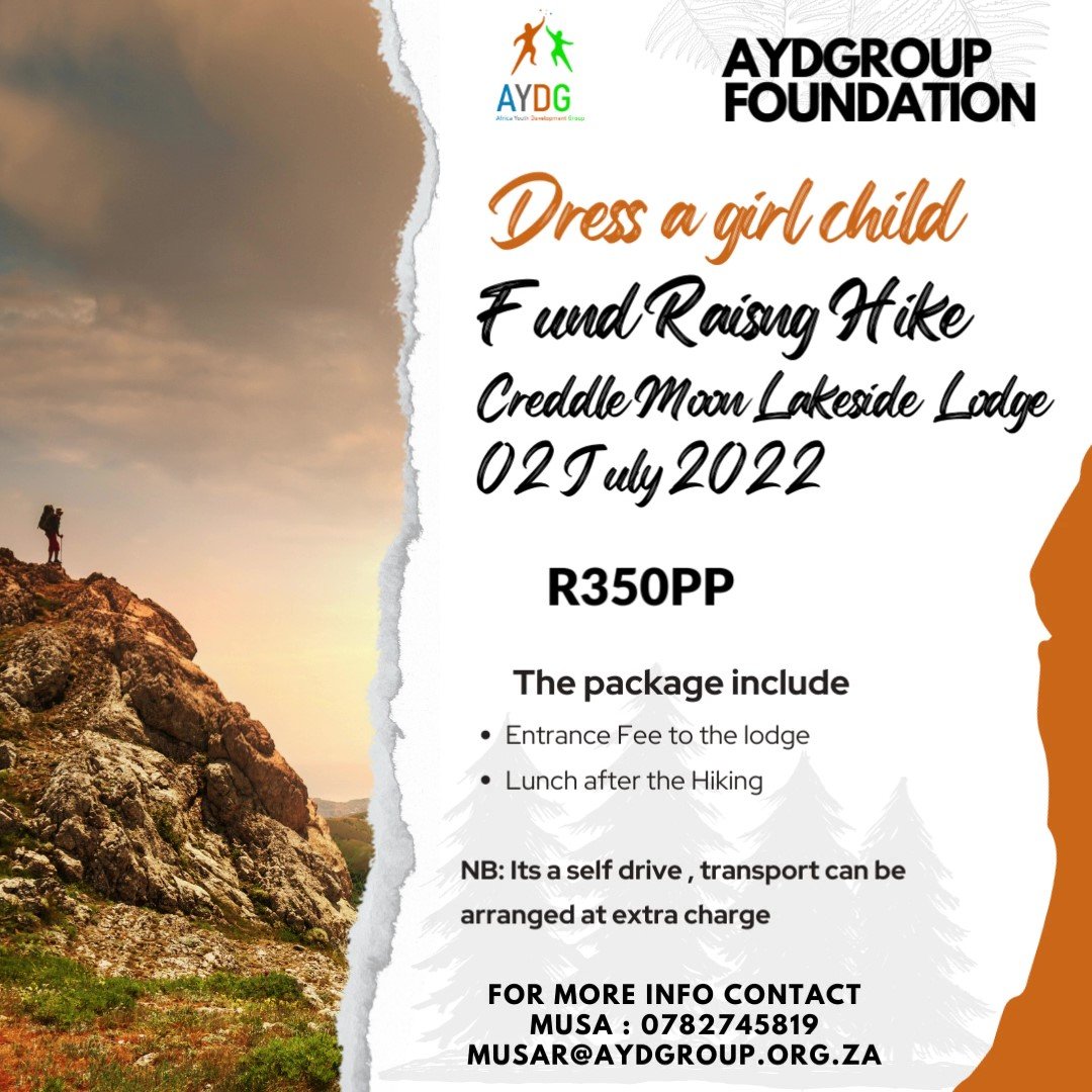 mtshuttlestours's tweet photo. Africa Youth Development Group Foundation (NPO)  invites you to a dress a girl child fund raising 9km  Hike at Craddle moon lakeside lodge on the 02 july 2022 R350 PP. We Hike than after we do lunch.

For more infor contact 
Musa: 0782745819. MusaR@aydgroup.org.za https://t.co/8vEZQgVtjt