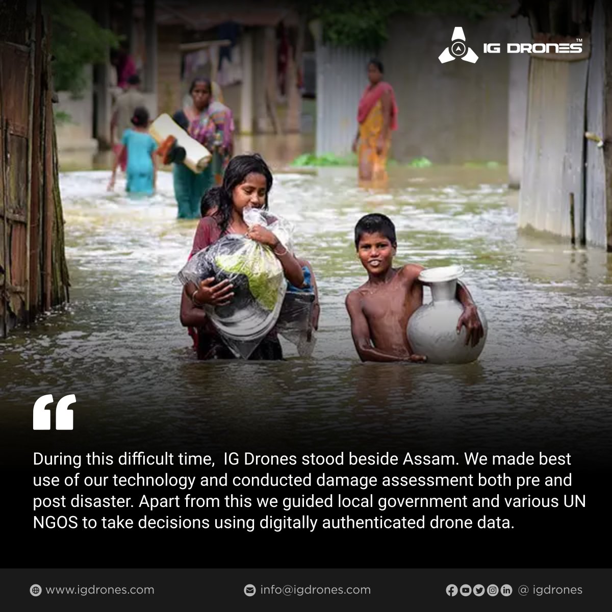 IGDefence's tweet photo. We are proud to serve Assam in this difficult times . We have made best use of our technology and conducted damage assessment both pre and post disaster. 

#assam #igdrone #igdroneindia #newindia #comebackstronger #dronetechnology #dronedata https://t.co/B3BkDmgTTr