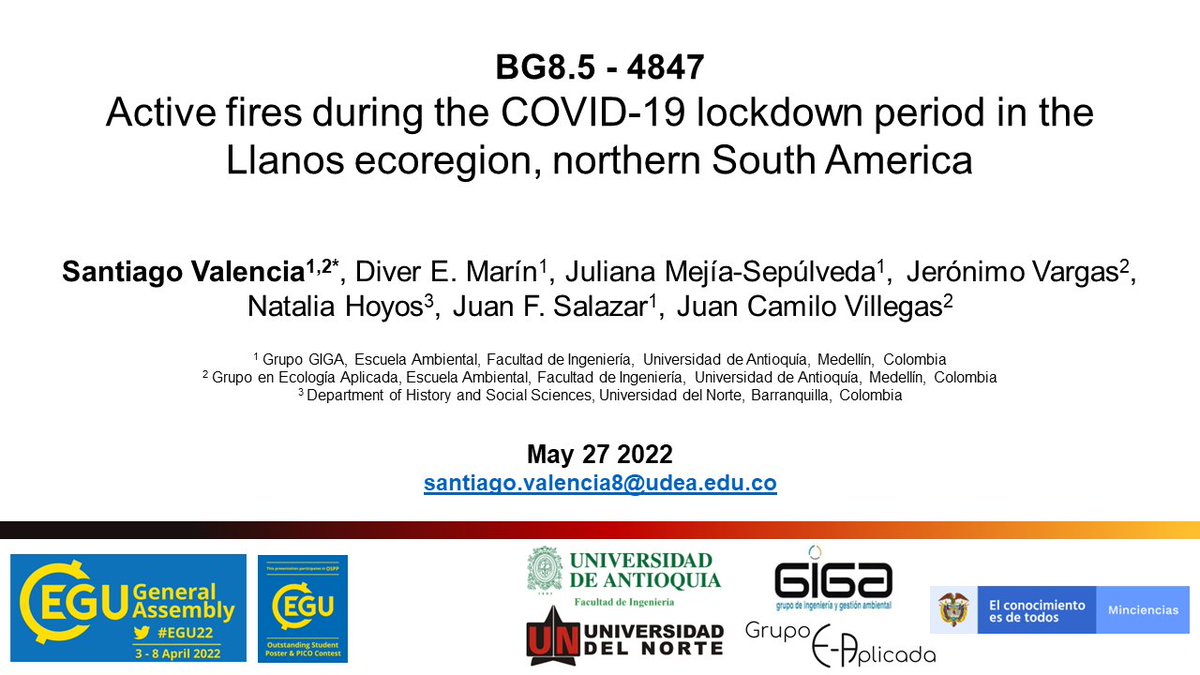 Sav_Cardenas's tweet photo. Tomorrow #EGU2022 #vEGU2022
Active #fires during the COVID-19 lockdown period in the #llanosecoregion, northern South America 
https://t.co/xKurwQ1iKs

@Dmarinp28, @jmejias_05 @jeronimovargass et al https://t.co/T2LIwQi8dK