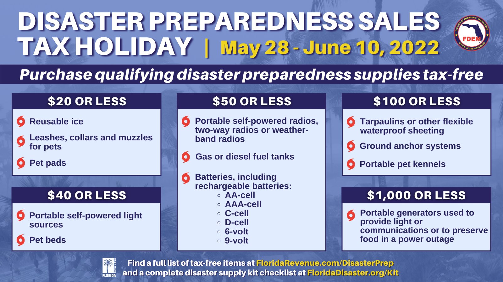 FL Division of Emergency Management on Twitter: "🌀 The 2022 Disaster  Preparedness Sales Tax Holiday begins this weekend! This tax holiday gives  Floridians the opportunity to prepare for hurricane season by saving