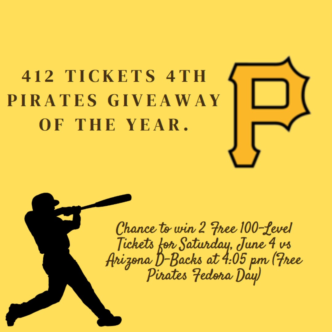 412Tickets's tweet photo. #PirateFans, Our 4th #PiratesFreeTicketGiveaway
Chance to win 2 Free 100-Level Tickets to the Game vs 
@Dbacks Sat 6/4 at #PncPark
Giveaway starts Now ends Thu. 5/26 at 11:59pm
To Enter: Follow, Retweet &amp; Tag 2 or More Friends
You can Enter on our Facebook &amp; IG @412Tickets too https://t.co/hWYUzfp1hn