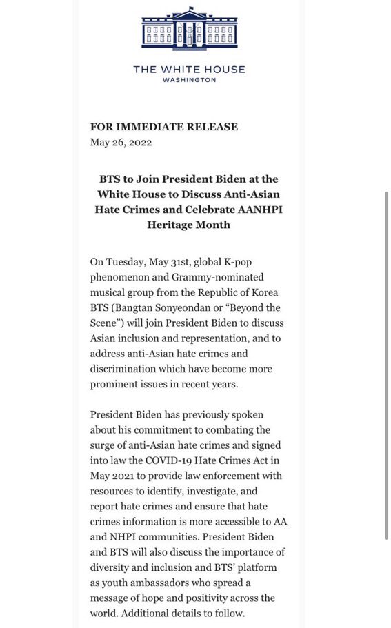 BTSDreamLabCol's tweet photo. 📣| 𝐈𝐍𝐅𝐎

— @BTS_twt se unirá al presidente Biden en la Casa Blanca el 31 de mayo para discutir los crímenes de odio contra los asiáticos y celebrar el Mes de la Herencia AANHPI.

Hablarán sobre la importancia de la diversidad y la inclusión, y la plataforma de #BTS como (+) https://t.co/bNU9v7gY0i