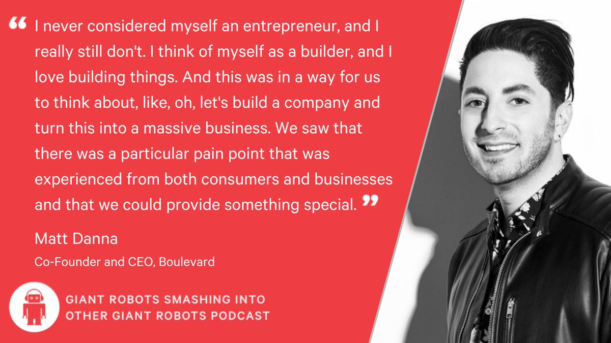 GiantRobots's tweet photo. 💈💇@mattdanna is CEO of @joinblvd which powers next-gen salons &amp; spas. Its goal is to modernize tech while improving the lives of professionals + clients.

He talks about discovering a problem and solving it, overcoming growth hurdles + building hardware. https://t.co/vlhglcoZRb https://t.co/aZ0mhjx7aU