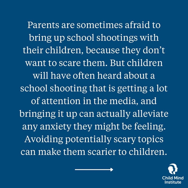 childmindinst's tweet photo. Talking to kids about school shootings is important. Kids actually feel less scared when they get to talk about scary things.