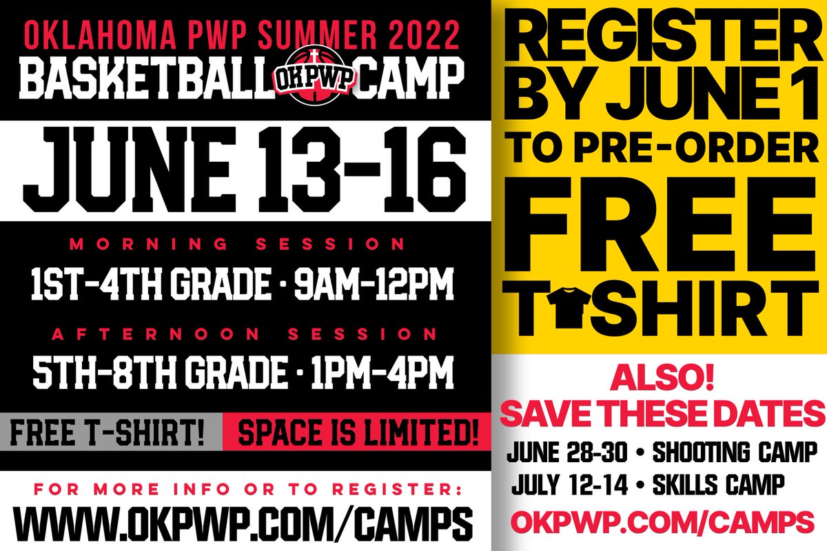 oklahomapwp's tweet photo. PWP BASKETBALL CAMP
There are still a few spots available! Register by June 1 to guarantee sizing on FREE camp t-shirt! https://t.co/uF8OYksCDj https://t.co/Nv5GdLM10y