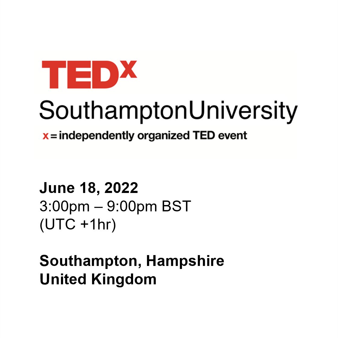 💡TEDx SouthamptonUniversity is almost here!

Join the conversation with an international panel of speakers, including <a href="/unisouthampton/">University of Southampton</a> staff and graduates. 

🗓️ Saturday 18th June
⌚️ 15:00 - 21:00 BST
 📍 Turner Sims, Southampton

🎟️ Book your tickets at: ted.com/tedx/events/48…